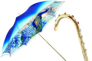 Luxury peacock Italian umbrella – blue satin Swarovski crystal front