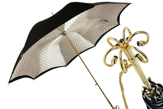 Black cream polka dot Italian satin umbrella – gold handle front