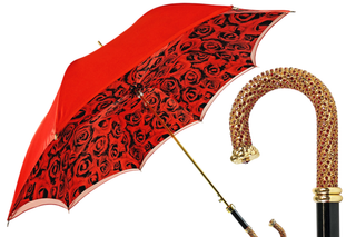 Romantic red roses Italian umbrella – gold brass Swarovski handle front