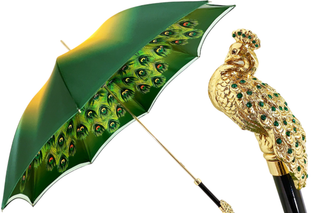 Green peacock luxury umbrella – satin canopy gold handle front