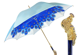 Blue peacock luxury umbrella – gold plated sapphire crystal handle front
