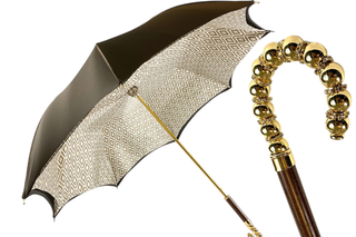 Handmade Italian brown satin double cloth umbrella – gold handle front