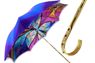 Luxury purple double canopy umbrella – gold plated handle full view