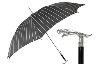 Black pinstripe sculpted jaguar handle automatic men's Italian umbrella front view