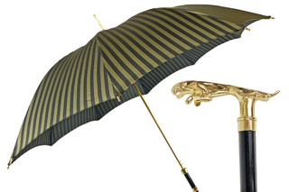Black pinstripe gold jaguar handle luxury men's Italian umbrella front view
