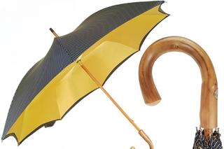 Men's striped double cloth chestnut wood handle handmade Italian umbrella front view