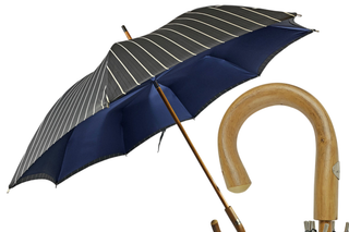 Men's double canopy grey blue striped jacquard chestnut handle Italian umbrella front