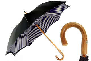 Double canopy blue striped satin men's Italian umbrella front view