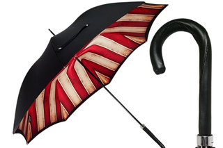 Handcrafted leather red cream striped black metal frame Italian umbrella front