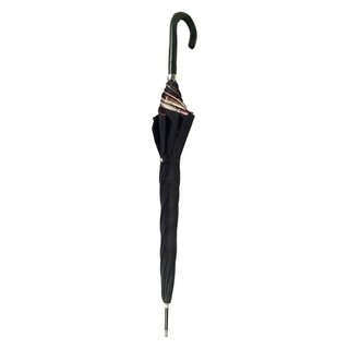 Handcrafted leather red cream striped black metal frame Italian umbrella close-up
