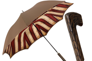 Handcrafted striped men's double canopy engraved wood handle Italian umbrella front