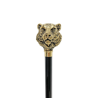 Gold plated tiger design black beechwood handcrafted Italian walking stick side view