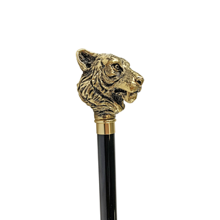 Gold plated tiger design black beechwood handcrafted Italian walking stick handle detail