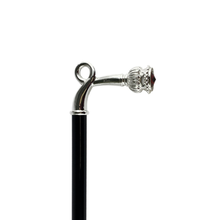 Silver plated red crystal accent handcrafted Italian walking stick close-up