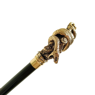 Gold plated snake handle crystal Italian handcrafted walking cane close-up