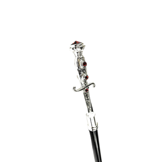 Silver plated sword handle black lacquered shaft handmade Italian walking stick side view