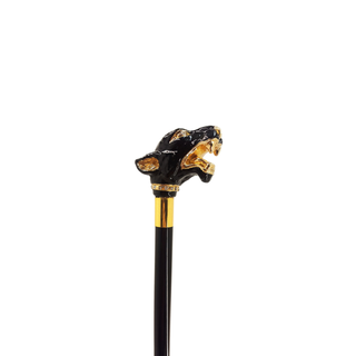 Gold plated hand-enamelled dog head handle black lacquered shaft Italian walking cane side view