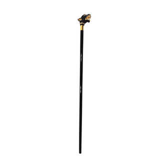 Gold plated hand-enamelled dog head handle black lacquered shaft Italian walking cane close-up