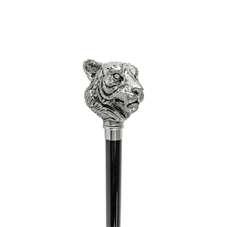 Silver plated tiger handle handmade Italian walking stick side view