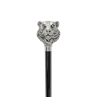 Silver plated tiger handle handmade Italian walking stick handle detail