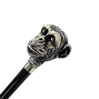 Hand-painted monkey ivory lacquered silver-plated Italian walking stick side view