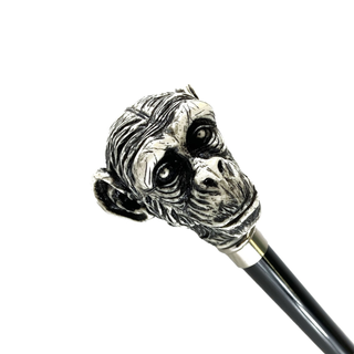 Hand-painted monkey ivory lacquered silver-plated Italian walking stick detail