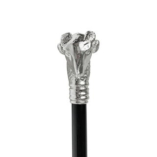 Silver plated ram handle black beechwood handcrafted Italian walking stick handle detail