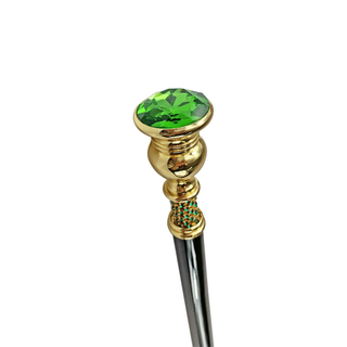Emerald crystal gold plated black beechwood handcrafted Italian walking cane angle view