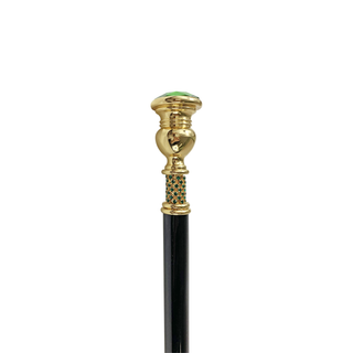 Emerald crystal gold plated black beechwood handcrafted Italian walking cane detail