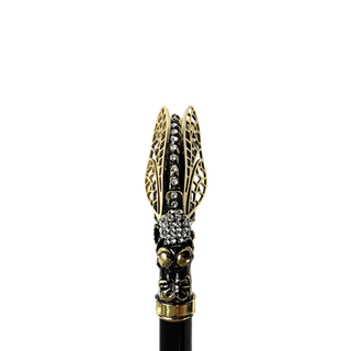 Gold plated dragonfly handle crystal accent Italian luxury walking stick detail