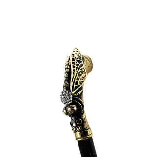 Gold plated dragonfly handle crystal accent Italian luxury walking stick side view