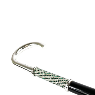 Silver plated emerald rhinestone crystal Italian luxury walking stick side view