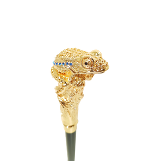 Frog design Swarovski crystal 24K gold handmade Italian walking cane side view