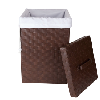leatherette laundry hamper antique finish lidded basket ballistic lining front view