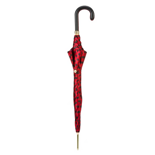 Red polka dot automatic leather handle handmade Italian luxury umbrella close-up