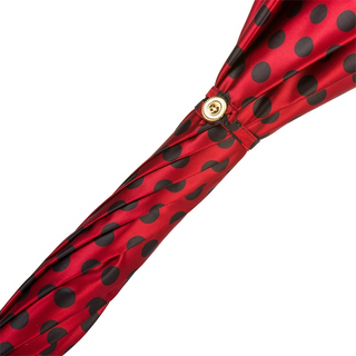Red polka dot automatic leather handle handmade Italian umbrella top view