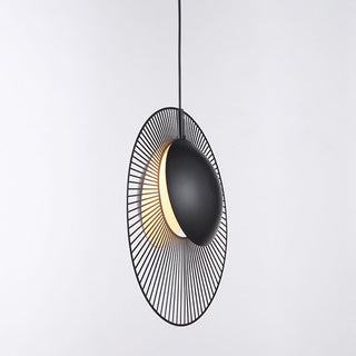 Contemporary black pendant lamp from below — minimalist metal fixture
