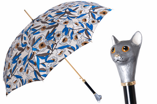 Grey cat handmade Italian automatic brass handle umbrella front view