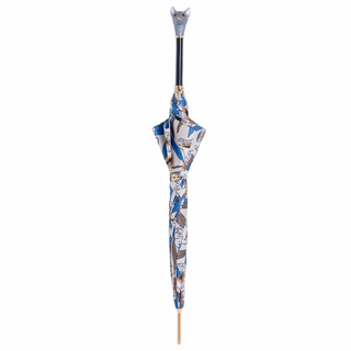 Grey cat handmade Italian automatic brass umbrella close-up