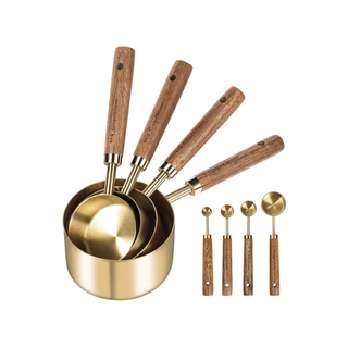 gold measuring cups 8 piece stainless steel wood accent handles front view