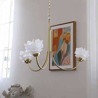 French vintage 3-light chandelier — rose flower brass glass ceiling fixture