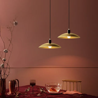 Antique brass pendant from below — bell shade metal dining light