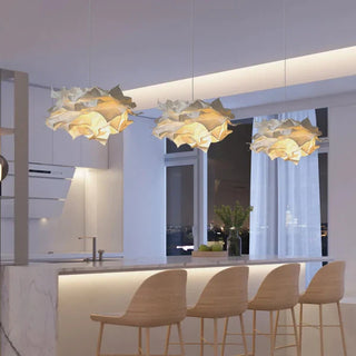 White fabric pendant side view — bedroom adjustable hanging lamp
