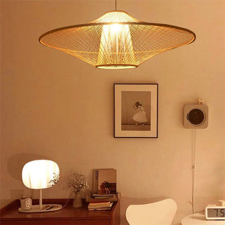 Bamboo lantern pendant close-up — handcrafted woven ceiling lamp
