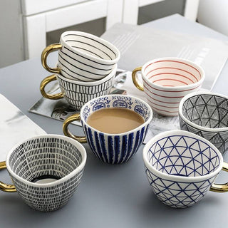 hand painted ceramic mugs luxury porcelain drinkware gold handle 350ml cup group view