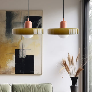 Two-head Bauhaus pendant over long dining room table