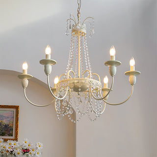 Vintage luxury glass chandelier front — white crystal tassel warm