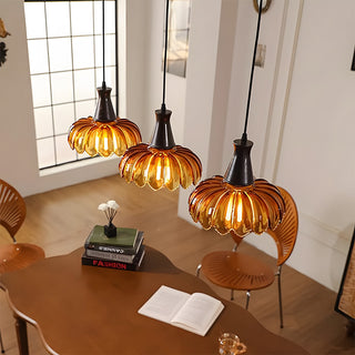 Suspension en verre ambré – Lampe rétro en forme de fleur avec abat-jour décoratif