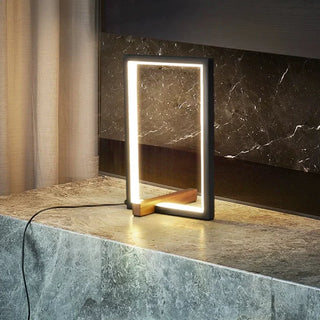Walnut copper accent lamp front — minimalist square design