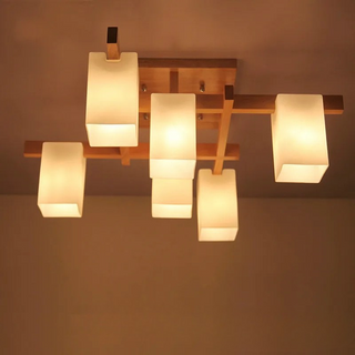 Japandi minimalist wood LED ceiling light soft illumination close-up